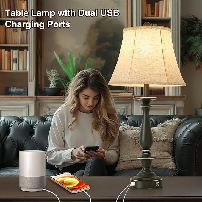 AIDENOEY 28.5" Traditional Table Lamp Set of 2, Rustic Farmhouse Table Lamps for Living Room Bedroom, Bedside Desk Lamps Vintage Nightstand Lamps with Silk Fabric Shades, Taupe with Rubbed Edge