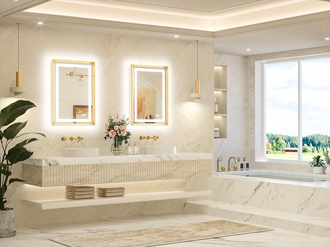 TETOTE 22 x 30 Bathroom LED Mirror Brushed Gold Metal Frame Frontlit & Backlit Vanity Mirror Anti-Fog Stepless Dimmable 3 Colors White/Warm/Natural Mirror with Lights Wall-Mounted