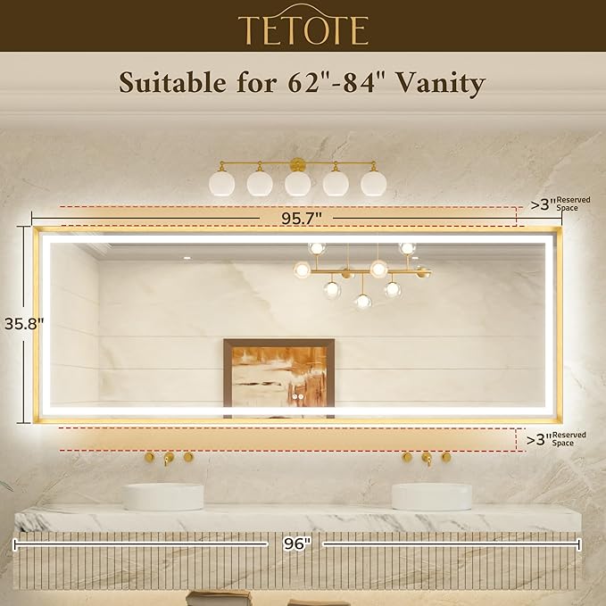 TETOTE 96 x 36 Large Brushed Gold Metal Frame Bathroom Mirror with Light Frontlit & Backlit Vanity Mirror Anti-Fog Stepless Dimmable 3 Colors White/Warm/Natural Wall-Mounted