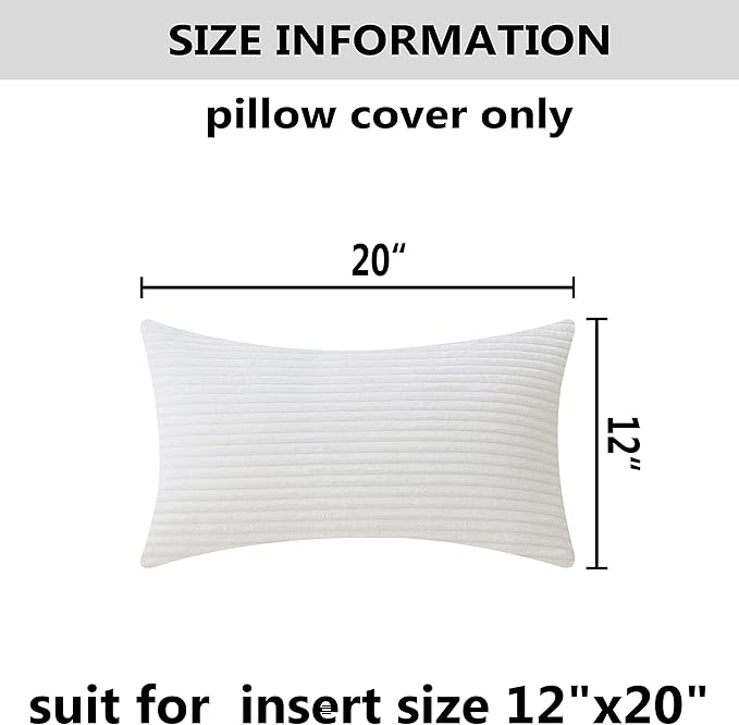 Home Brilliant White Lumbar Pillow Cover Decor Decorative Striped Corduroy Solid Cushion Cover Throw Oblong Pillowcase for Sofa Kids Toddler, 12 x 20 inch, Creamy White