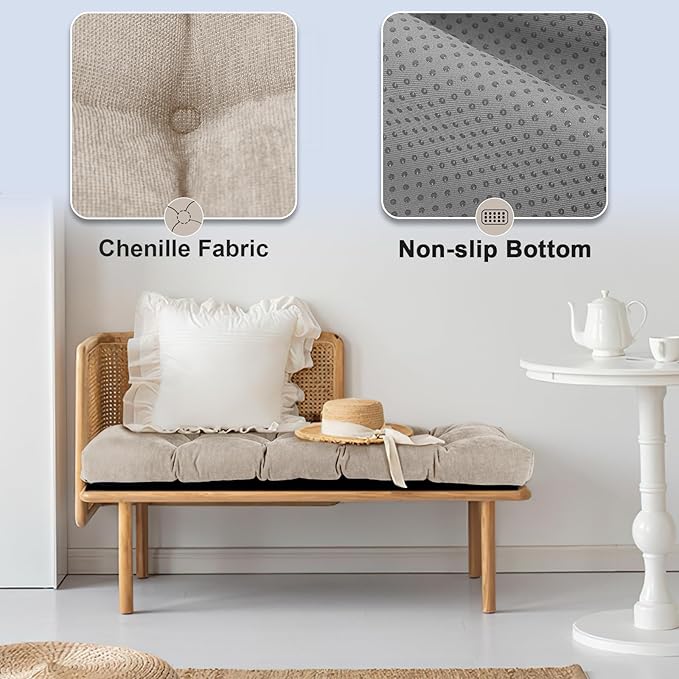 Bench Cushion 42 Inch - Chenille, High-Density Memory Foam, Non-Slip Bottom, Soft Durable Indoor Tufted Long Seat Cushion for Window Garden Furniture (Oyster White, 42x16x4 Inch)
