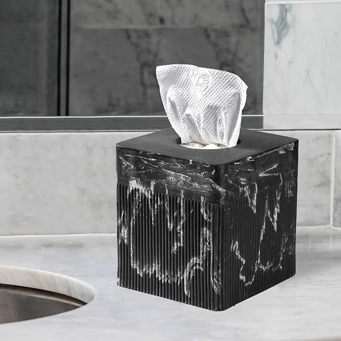 Tissue Box Cover Square Resin Tissue Holder for Home Decor, Hand Poured Marble Tissue Box Holder, 5 x 5 x 5.5 inches, Black