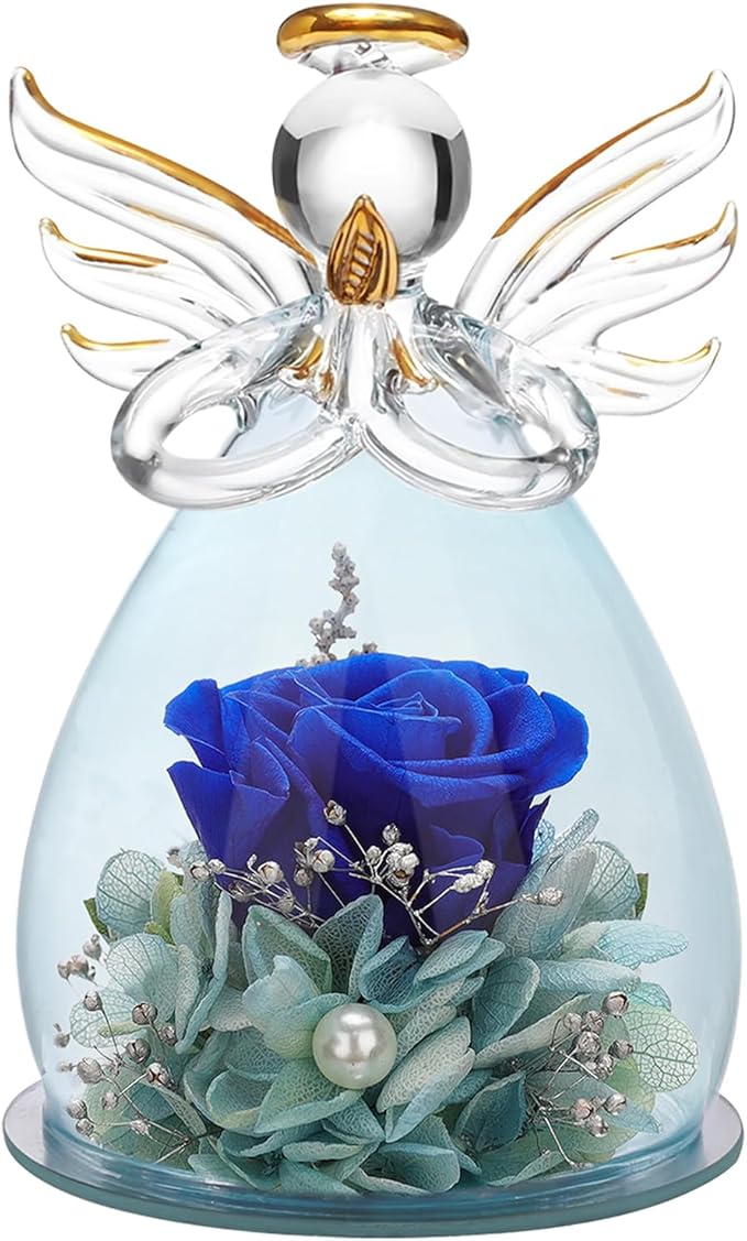 ANLUNOB Preserved Rose Birthday Gifts for Women Mom Grandma Wife, Glass Angel Figurines Gifts with Pretty Dark Blue Flowers for Anniversary Wedding
