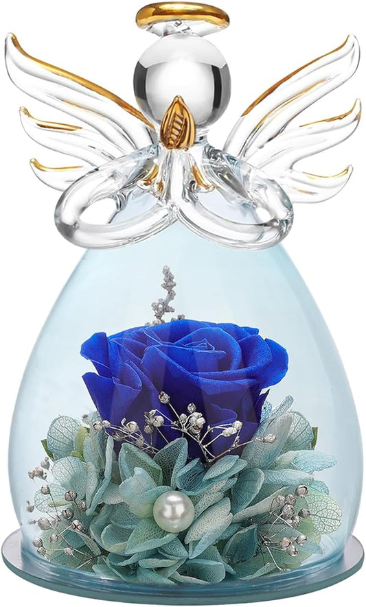 ANLUNOB Preserved Rose Birthday Gifts for Women Mom Grandma Wife, Glass Angel Figurines Gifts with Pretty Dark Blue Flowers for Anniversary Wedding