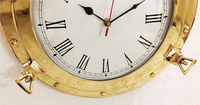 Nagina International 20" Antique Marine Solid Brass Ship Porthole Analog Clock Nautical Wall Hanging Clock Home Decor