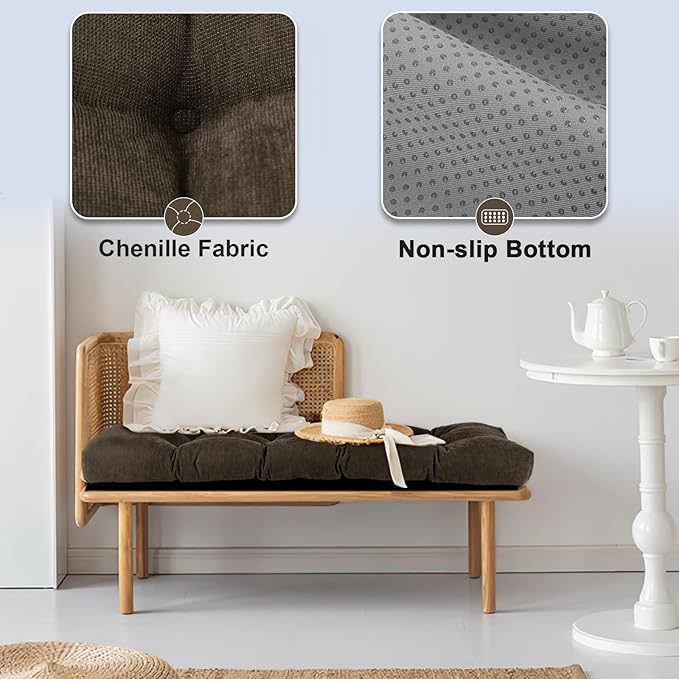 Bench Cushion 48 Inch - Chenille, High-Density Memory Foam, Non-Slip Bottom, Soft Durable Indoor Tufted Long Seat Cushion for Window Garden Furniture (Deep Brown, 48x16x4 Inch)
