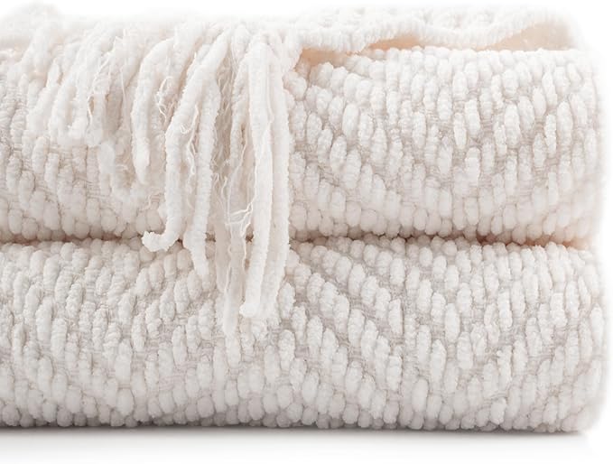 BATTILO HOME Cream Throw Blanket for Couch, Textured Knitted Throw Blanket with Tassels, Couch Cover Blanket Warm Decorative White Throw Blankets for Sofa Living Room, 60" x 80"