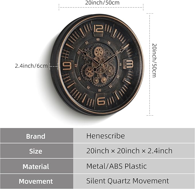 20in Large Real Moving Gears Wall Clock for Living Room, Battery Operated Wall Clocks Decorative Vintage, Home Office Clock, Gift for Family, Friends
