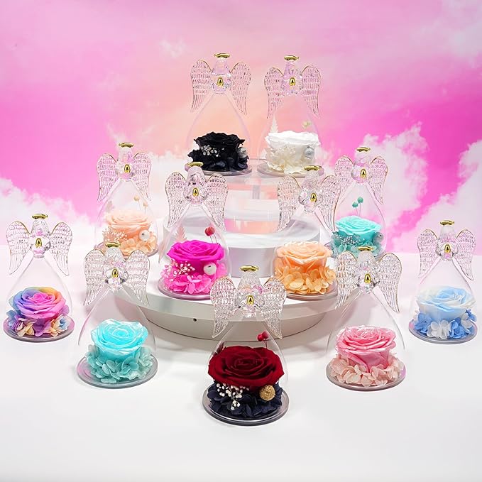 Yamonic Christmas Birthday Gifts for Mom, Angel Figurines with Real Rose Gifts for Her Mom Grandma, Preserved Rose in Glass Angel Figurines for Mothers Day Valentine's Day Gifts for Women (Red Sky)