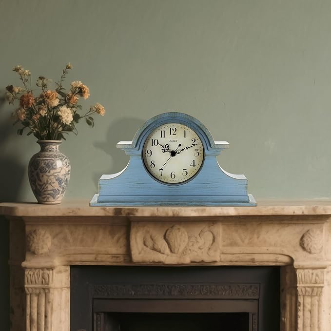 OCEST Vintage Farmhouse Mantel Clock - 13 x 7 Inch Quartz Gilt Finish Battery Operated, Contemporary Napoleon Classic Desk & Shelf Décor for Living Room Office Tabletop Bedside (Azure Blue)