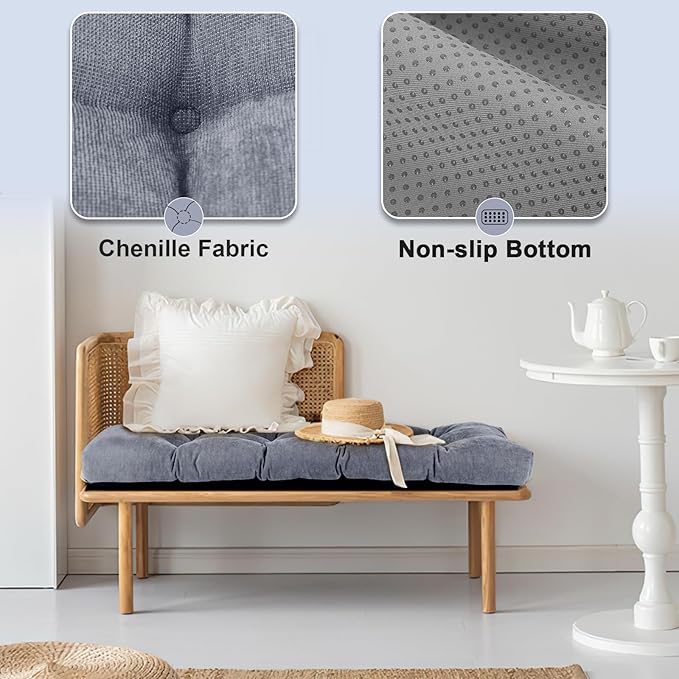 Bench Cushion 42 Inch - Chenille Fabric, High-Density Foam, Non-Slip Bottom, Soft Durable Indoor Tufted Long Seat Cushion for Window Garden Furniture (Light Gray, 42x16x4 Inch)