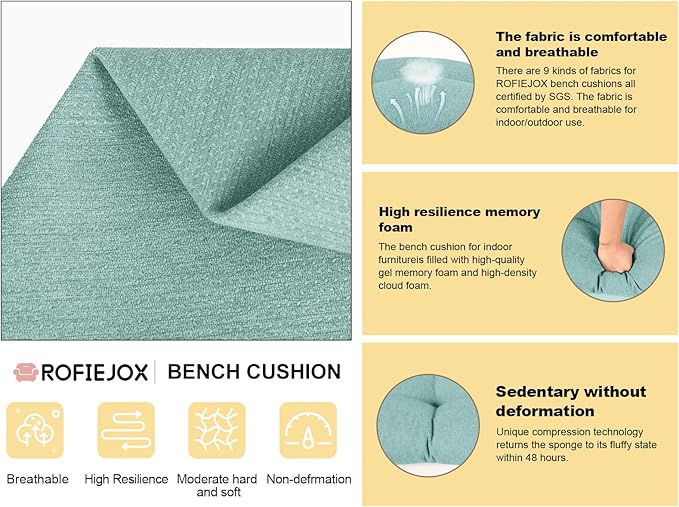 Bench Cushion 45 Inch - Polyester Brushed, High-Density Foam, Non-Slip Bottom, Soft Durable Indoor Tufted Long Seat Cushion for Window Garden Furniture (Light Green, 45x18x4 Inch)