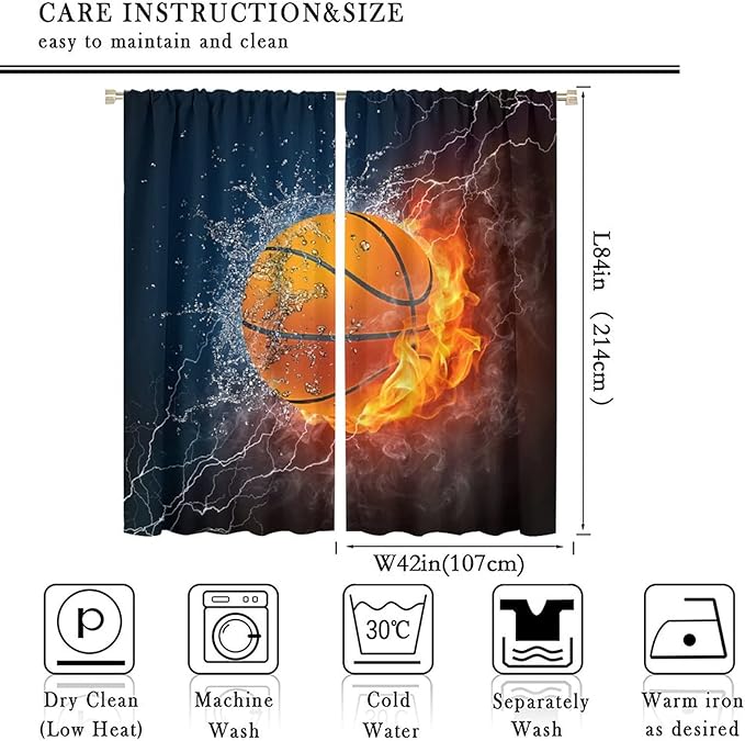 JESTRONRY Boys Basketball Curtains,Kids Sports Theme Fire Ball Water Flame Splashing Room Darkening Door Window Rod Pocket Curtain for Living Room Teen Men Bedroom Decor W84xL84in