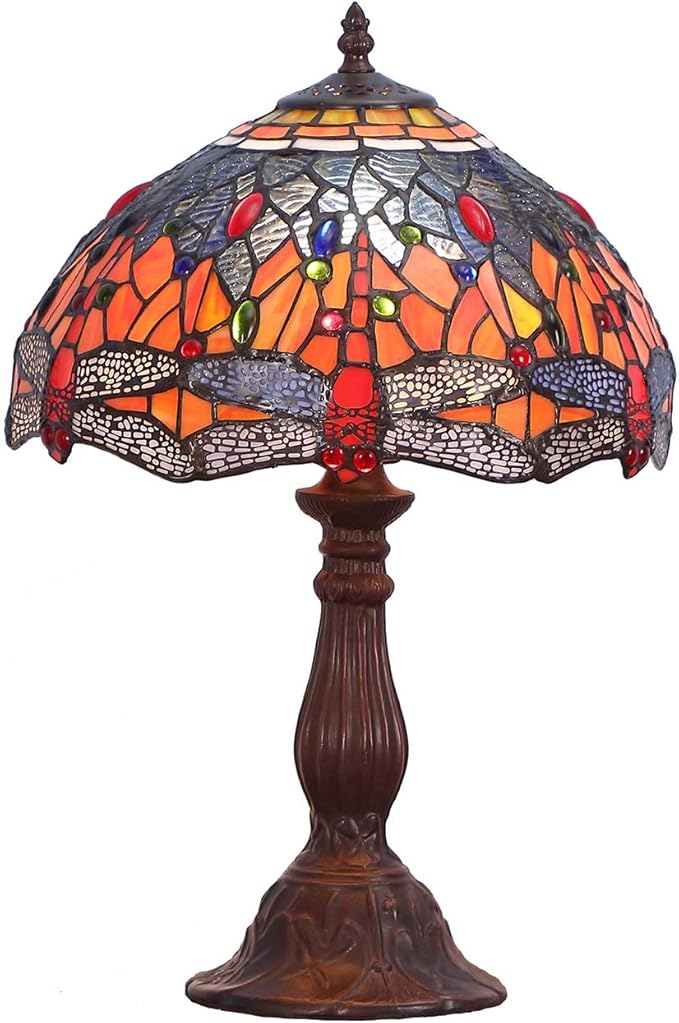 Bieye L10689 Dragonfly Tiffany Style Stained Glass Table Lamp with 12 Inch Wide 6 Dragonflies on Lampshade and Metal Base, Orange Blue, 12"W x 18"H