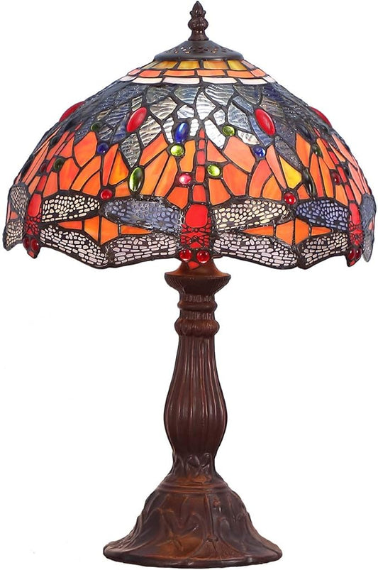 Bieye L10689 Dragonfly Tiffany Style Stained Glass Table Lamp with 12 Inch Wide 6 Dragonflies on Lampshade and Metal Base, Orange Blue, 12"W x 18"H