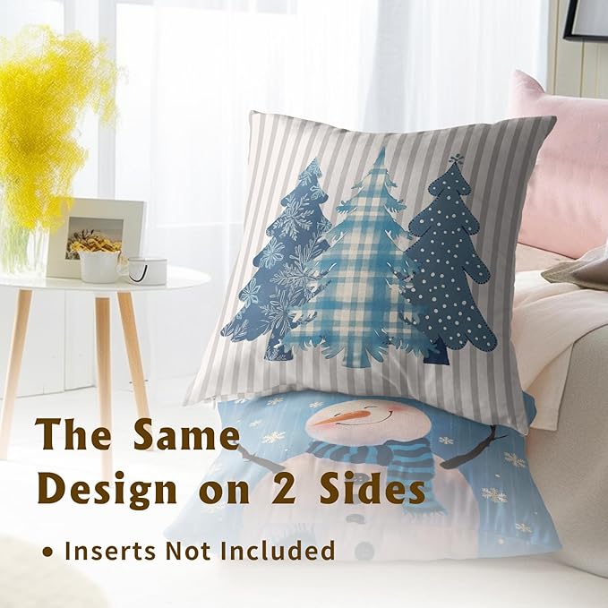 Winter Snowman Throw Pillow Covers - Buffalo Plaid Trees Pillow Covers 20x20 Set of 2 Snowflake Pillowcases Ice Crystal Snow Cushion Covers for Home Sofa Bed