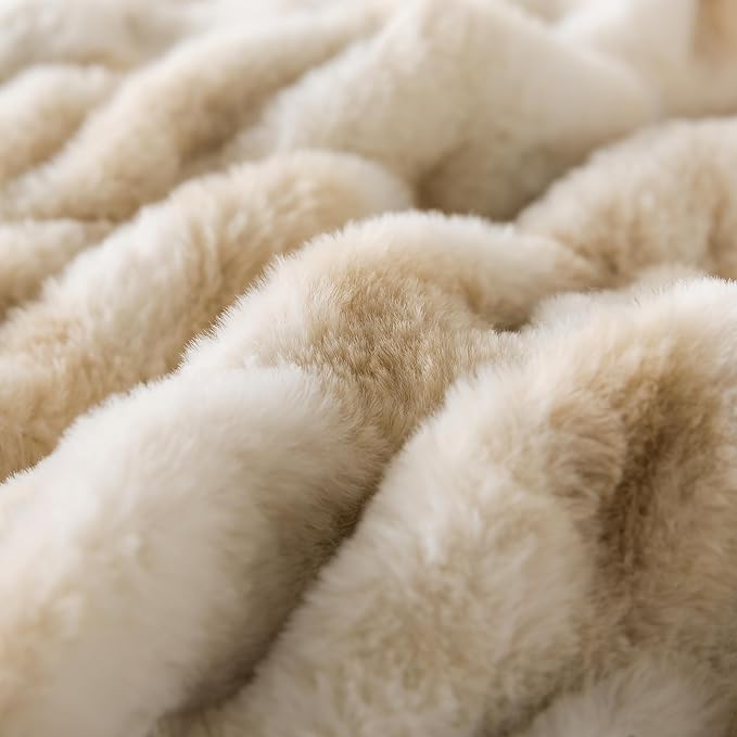 WDCOZY Ruched Faux Fur Throw Blanket Soft Cozy Fluffy Luxurious Blankets Couch Bed Sofa Chair Home Decor Warm Furry Fall Winter Plush Rabbit Fur Bubble Blanket 50" x 60", Caramel