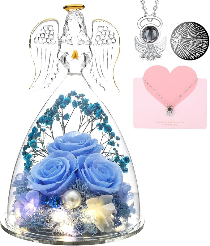 ANWEAO Gifts for Women Christmas Birthday Gifts for Mom Preserved Blue Rose with Lights Forever Flower in Glass Angel Figurines with I Love You Necklace Birthday Gifts for Women Her Mom Wife Grandma