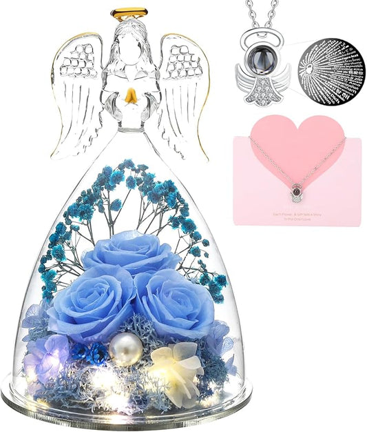 ANWEAO Gifts for Women Christmas Birthday Gifts for Mom Preserved Blue Rose with Lights Forever Flower in Glass Angel Figurines with I Love You Necklace Birthday Gifts for Women Her Mom Wife Grandma