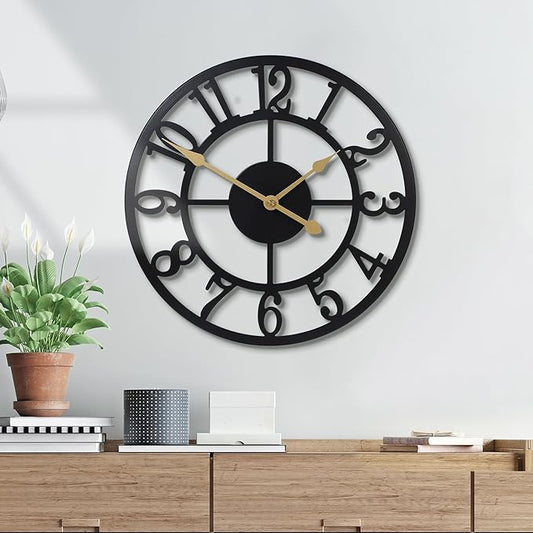 Wall Clock Battery Operated,Silent Non Ticking Modern Rustic Metal Small Clocks for Living Room/Bedroom/Office/Kitchen/Farmhouse Home Decor-12IN(Arabic Number-Black)