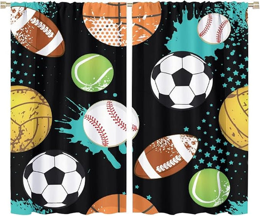 JESTRONRY Sport Window Curtains,Abstract Basketball Football Soccer Rugby Baseball Sports Theme Home Fabric Living Room Kids Boys Girls Teens Bedroom Home Decor Blackout Drapes W72xL63in