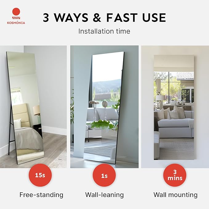 Kosmonia 64x20 Frameless Full Length Silver Coating Mirror w/Distortion Free, HD Reflection &Anti Desilvering, Tempered Glass & Shatter Proof Film Doubling Safety, Easy Setup w/Stand, Wall/Standing