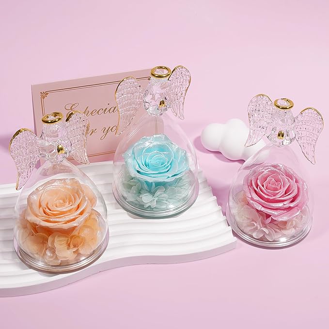 Yamonic Mom Birthday Gifts for Mom, Angel Figurines with Real Rose Gifts for Her Women Grandma, Preserved Flowers Rose Angel Figurines for Mothers Day Christmas Anniversary Birthday Gifts for Wife