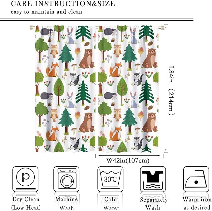 Kids Forest Animals Curtains Woodland Children's Cute Cartoon Funny Nursery Jungle Safari Leaves Nature 2 Panels Window Treatment Set for Living Room Decor 84X84 Inches