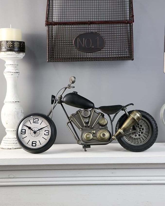 Vintage Desk Clock Tabletop Clock Motorcycle Gifts for Men Rustic Farmhouse Decor Gifts for Dad Him Boyfriend Battery Operated No Ticking Antique For Mantle Shelf Decorations Living Room Office Black