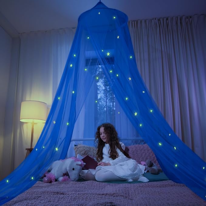 Blue Canopy Bed, Blue Bed Canopy with Glow in The Dark Stars for Girls, Boys, Kids and Babies, Net Use to Cover The Baby, Kid, Girls Or Full Size Bed, Fire Retardant Fabric