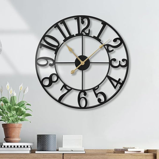 Wall Clock Battery Operated,Silent Non Ticking Modern Rustic Metal Small Clocks for Living Room/Bedroom/Office/Kitchen/Farmhouse Home Decor-14IN(Arabic Number-Black)