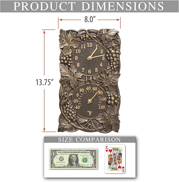 Grapevine Indoor Outdoor Wall Clock & Thermometer Made from Solid cast Aluminum