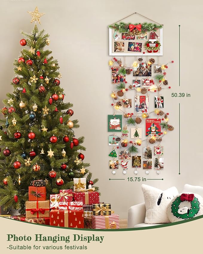 Bikoney Large Collage Picture Frame with Bulletin Board, Hanging Photo Display for Multiple Pictures, Wall Photo Organizer with 30 Clips & 6 Pushpins, Self Adhesive Hooks – No Drill Wood Photo Board for Room Decor