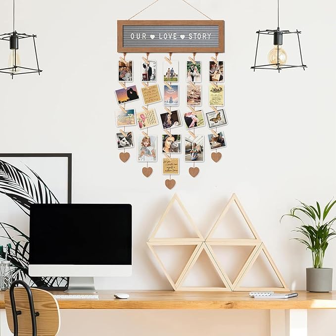 Buecasa Felt Letter Board with 340 Letters and 30 Clips - Rustic Picture Frames Collage Wall Decor Sign - Multi Photos Cards Organizer 15.7x5 Inches (Nature)