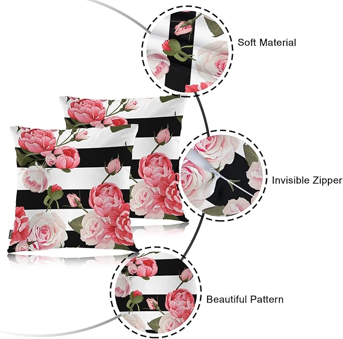 Swono Peony Roses Pillow Covers, Blossom Rose Peony Pink Decorative Pillow Case Home Sofa Cushion Set, Black White Stripes Pillow Cushion Cases for Bed/Patio/Garden/Balcony, 2-Pack, 18x18 Inch