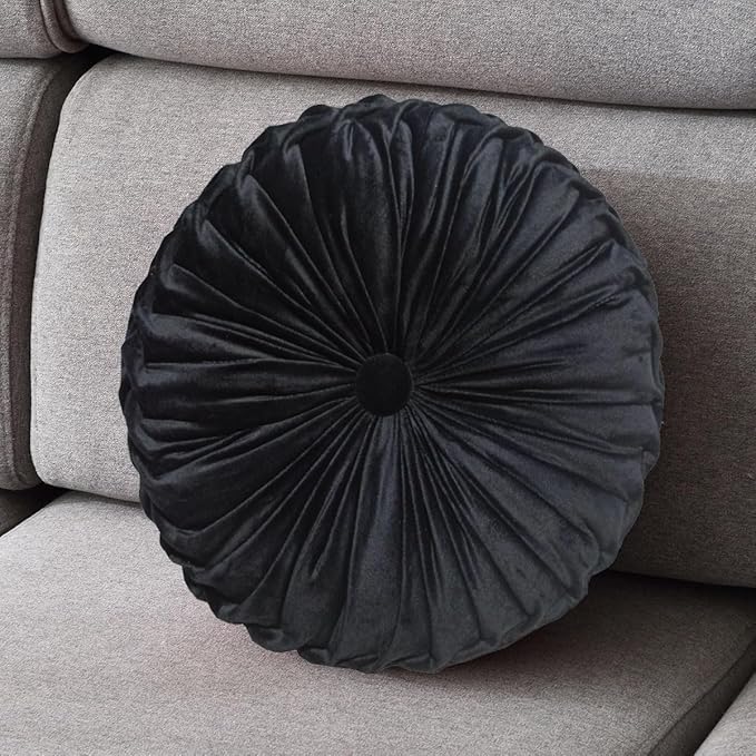 1 Pcs Round Throw Pillow Velvet Home Decoration Pleated 3D Pumpkin Pillow Cushion for Couch Chair Bed Car 14.17" (Black)