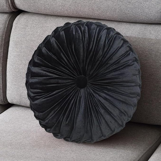 1 Pcs Round Throw Pillow Velvet Home Decoration Pleated 3D Pumpkin Pillow Cushion for Couch Chair Bed Car 14.17" (Black)