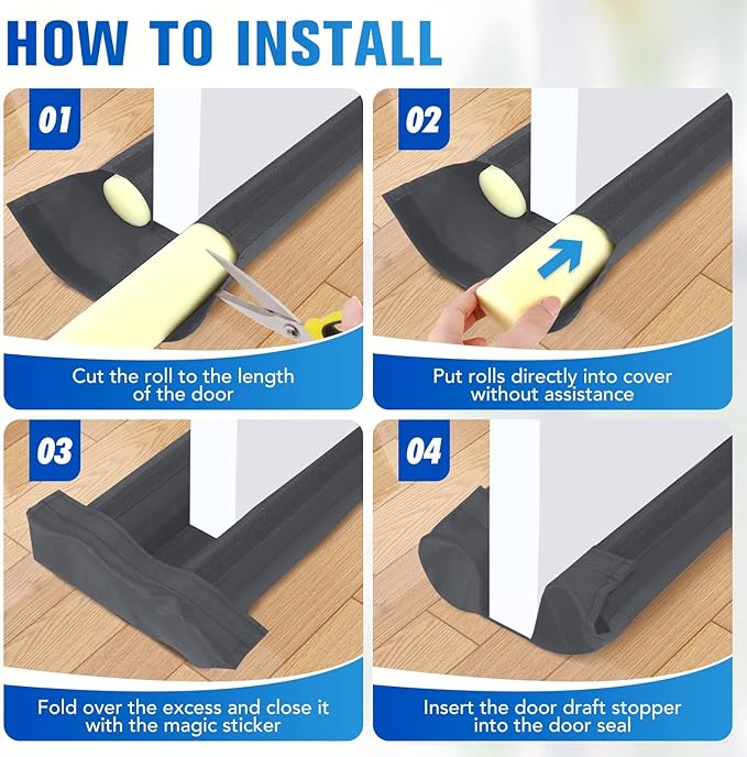 Under Door Draft Stopper for Bottom of Door, Weather Stripping Door Seal, Covers Gap Up to 2.36", Adjustable Door Sweep for Interior Doors and Exterior Cold Air, Noise, Dust, Light (Gray)