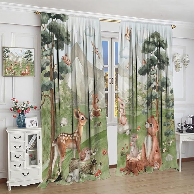 Forest Animal Kids Curtains, Wild Rustic Bear Fox Deer Children Cartoon Window Treatments for Living Room, Watercolor Blackout Drapes 2 Panel Sets,42x54 Inch