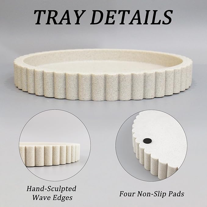 Decorative Coffee Table Tray, 11" Round Resin Coffee Table Centerpiece Tray for Home Decor, Modern Organizer for Living Room, Console or Dresser, Beige