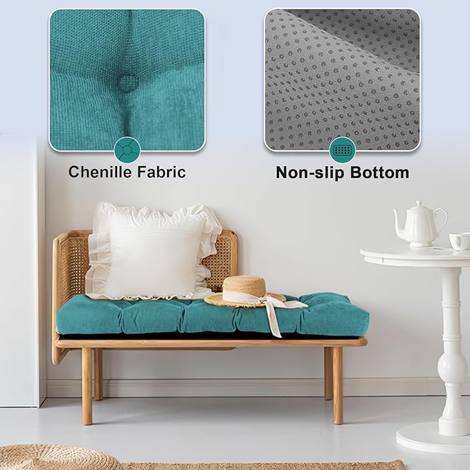 Bench Cushion 45 Inch - Chenille Fabric, High-Density Foam, Non-Slip Bottom, Soft Durable Indoor Tufted Long Seat Cushion for Window Garden Furniture (Teal, 45x18x4 Inch)