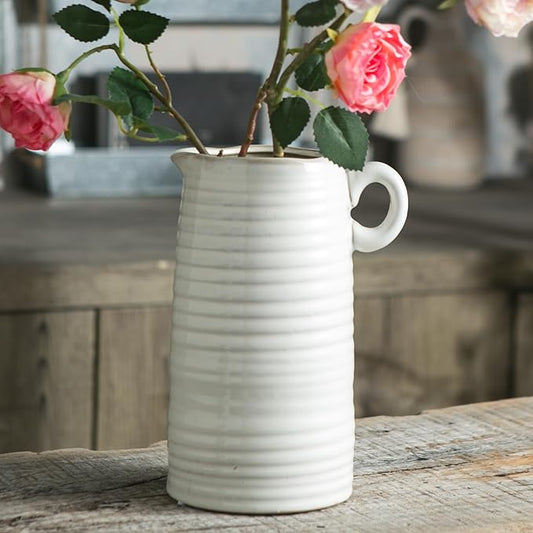 White Ceramic Vase with Small Handle, Modern Farmhouse Pitcher, Milk Jug for Home Decor, Rustic Textured Pottery, Glazed Decorative Centerpiece