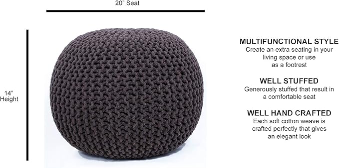 FRELISH DECOR Round Pouf Ottoman Hand Knitted 100% Cotton Pouf Foot Stool - Knitted Bean Bag - Floor Chair for Living Room Bedroom - Foot Rest for Couch (20 Diameter x 14 Height) - Brown