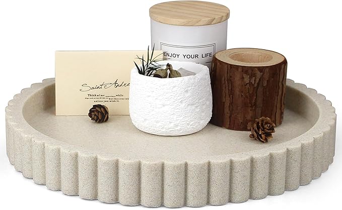 Decorative Coffee Table Tray, 11" Round Resin Coffee Table Centerpiece Tray for Home Decor, Modern Organizer for Living Room, Console or Dresser, Beige