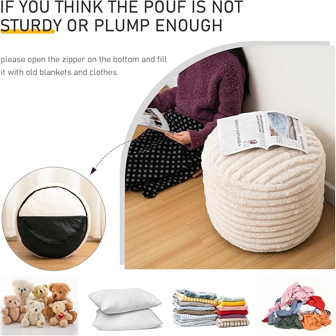 Pouf Ottoman Stuffed Round for Foot Rest, Faux Fur Poufs with Foam Chunk Filling, Storage Ottoman Pouf Foot Stool Cushion, 20 X 15 Inch Floor Chair for Living Room Bedroom Home Decor, Beige