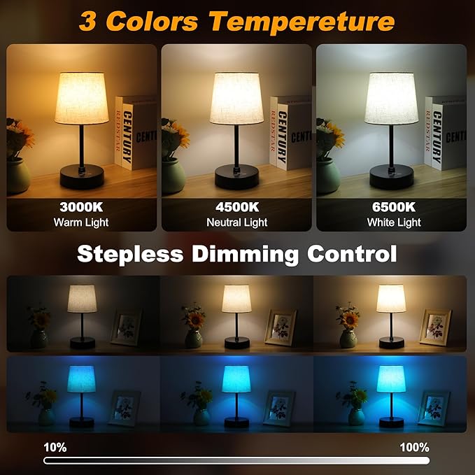 Ascher Small Bedside Table lamp Set of 2, RGB Color Changing Lamps, 3 Color Temperatures, Dimmable Nightstand Lamp with USB C+A Ports, Touch Desk Lamp for Bedroom Living Room, H11.4in(Flaxen Shade)
