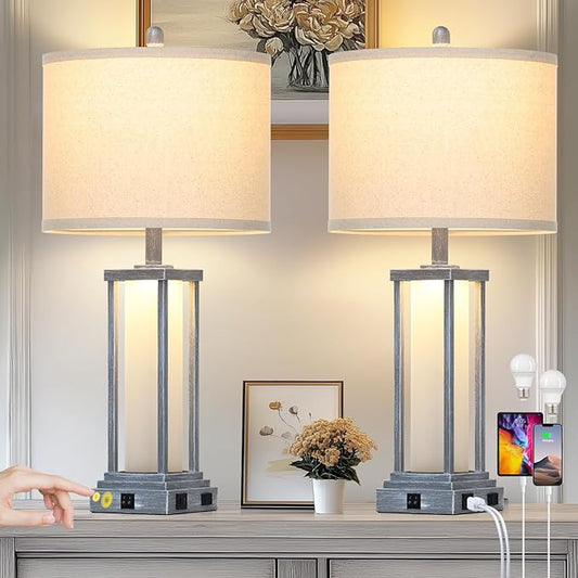 27" Tall Vintage Table Lamp Set of 2 with USB C+A & Outlet,Gray Nightstand Lamp for Living Room,Retro Bedside Lamps with Frosted Glass Night Light for Bedroom Entryway,Grey