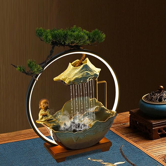Ceramic Tabletop Fountain with Wood Stand, Indoor Waterfall Feature for Home Office Desk,Desktop Water Fountain Asian Zen Decor with LED Light for Relaxation