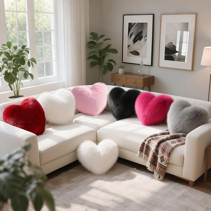 Hot Pink Heart Pillow, Faux Fox Fur Heart Decorative Pillows, Heart Shaped Throw Pillow for Bed, Soft Fluffy Decorative Cushion for Chair Sofa Living Room - Plush Pillow Home Decor