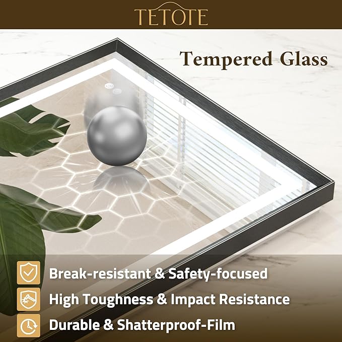 TETOTE Led Bathroom Mirror 40 x 24 with Brushed Black Frame Anti-Fog Frontlit & Backlit Vanity Mirror Stepless Dimmable Lighted Mirrors for Bathroom Wall 3 Colors White/Warm/Natural Wall-Mounted